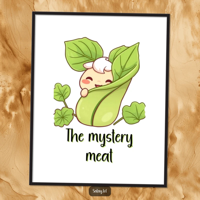 Funny poster art of a satay character with a happy grin, peeking from behind a generous serving of garnish.