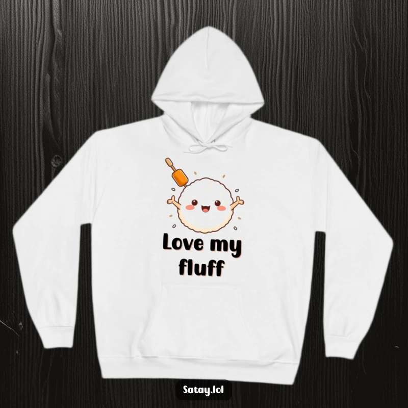 Funny satay skewer and rice ball hoodie, a skewer embracing a rice ball, cozy and humorous apparel for comfort seekers.