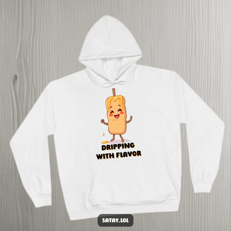 Funny satay skewer hoodie, featuring a smiling skewer doing a jig with peanut sauce drizzling, embodying food fun.