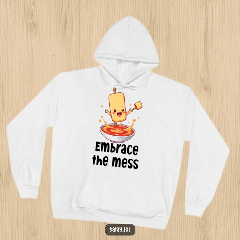 Funny satay skewer character hoodie, jumping into bubbling sauce, perfect for cozying up with sauce-themed humor.