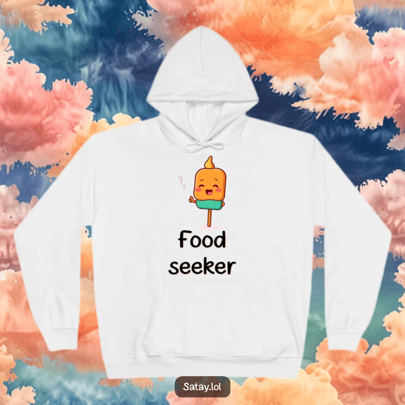 Funny satay hoodie featuring a soft, warm feel and a happy satay skewer character pointing excitedly towards delicious scents.
