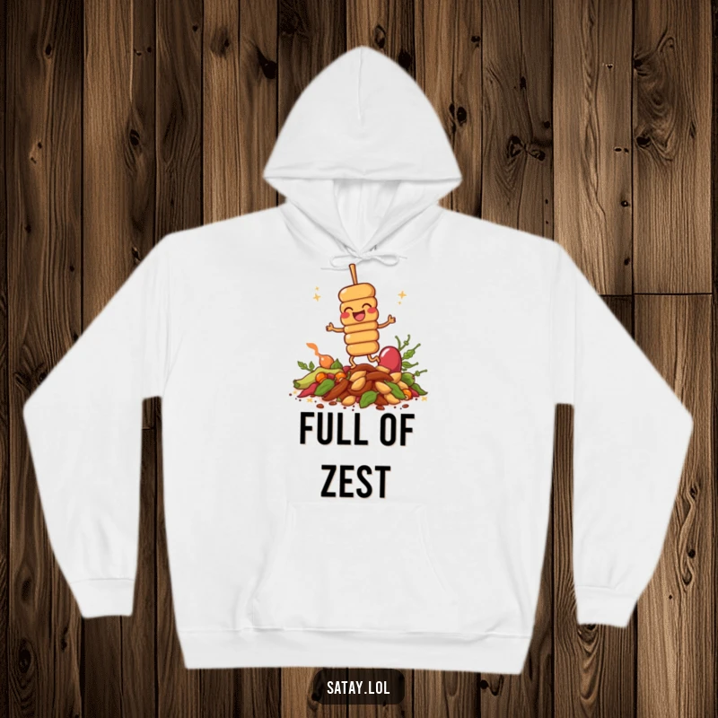 Comfortable funny giggling satay skewer hoodie, depicting a happy skewer hopping on spices, ideal for food lovers.