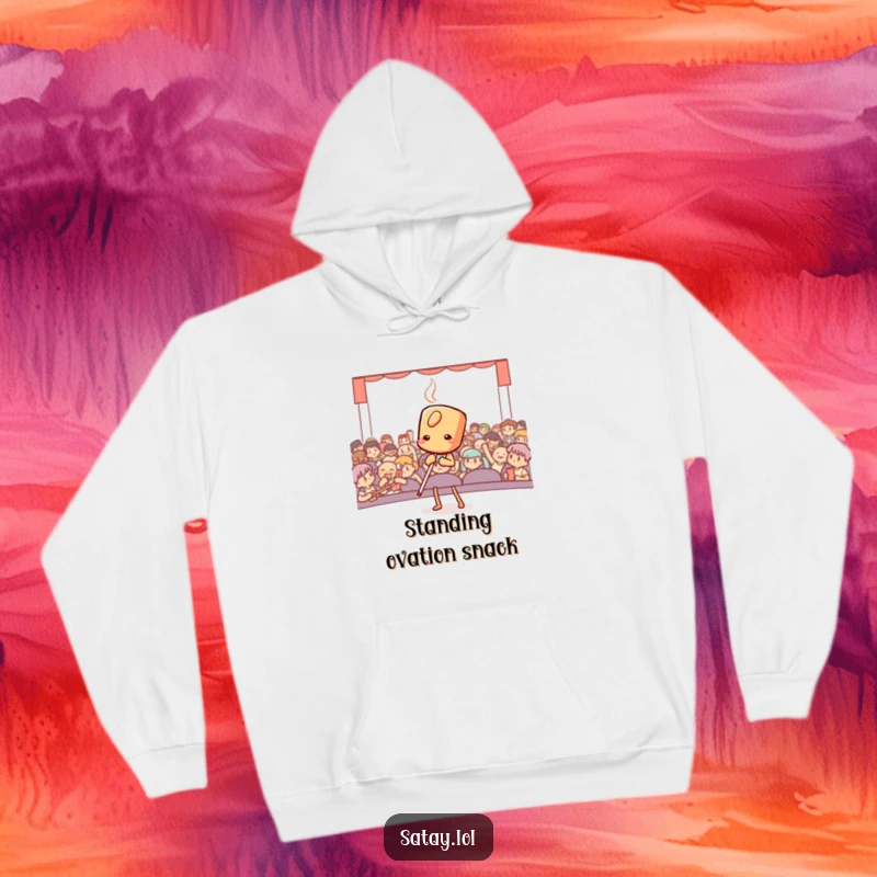 Funny satay skewer in a dramatic bow, printed on a warm hoodie, ideal for fans of theater and food.