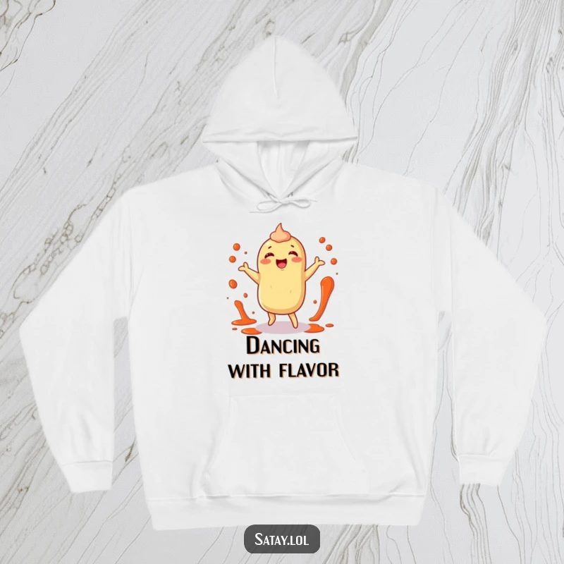 Funny satay hoodie featuring a happy satay character dancing with sauce splatters, perfect for cozy, joyful wear.