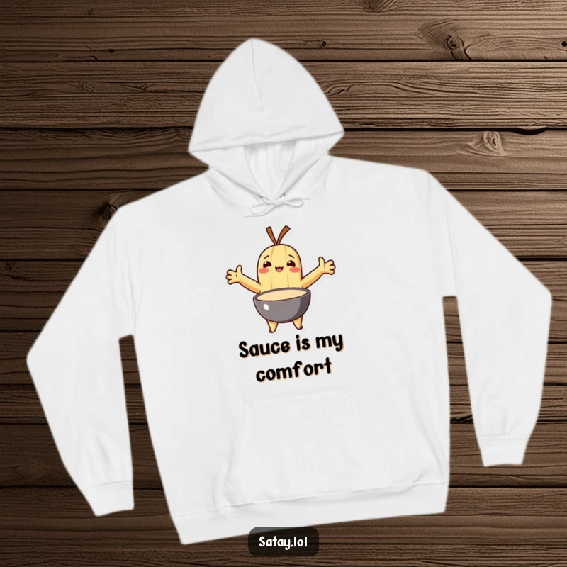 Funny hoodie featuring a satay character with arms wide open, embracing a bowl of dipping sauce.