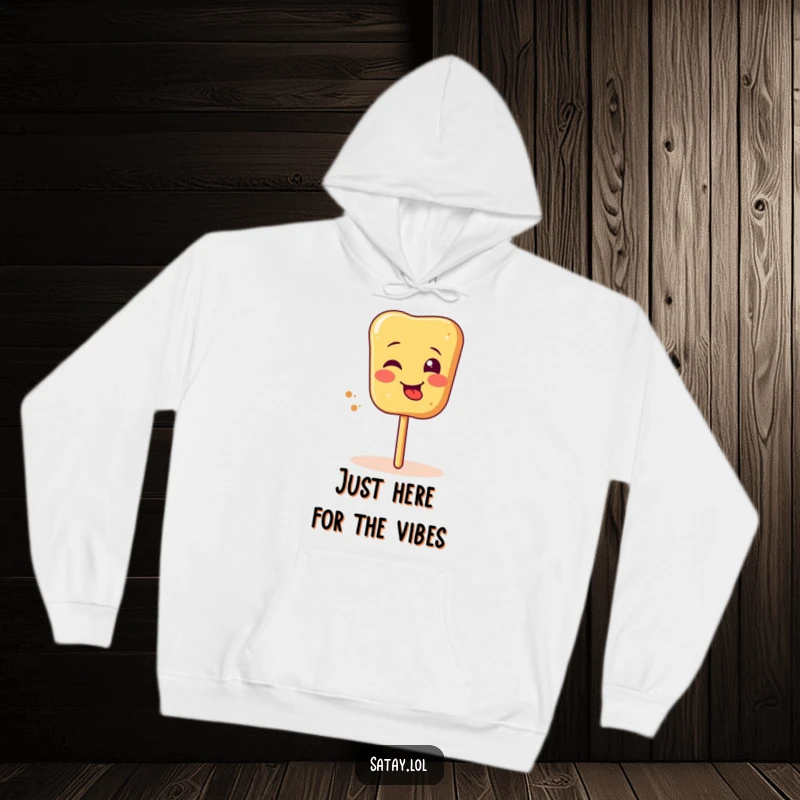 Funny satay skewer hoodie, showing a silly face and tongue sticking out while spinning, perfect for cozy, humorous wear.