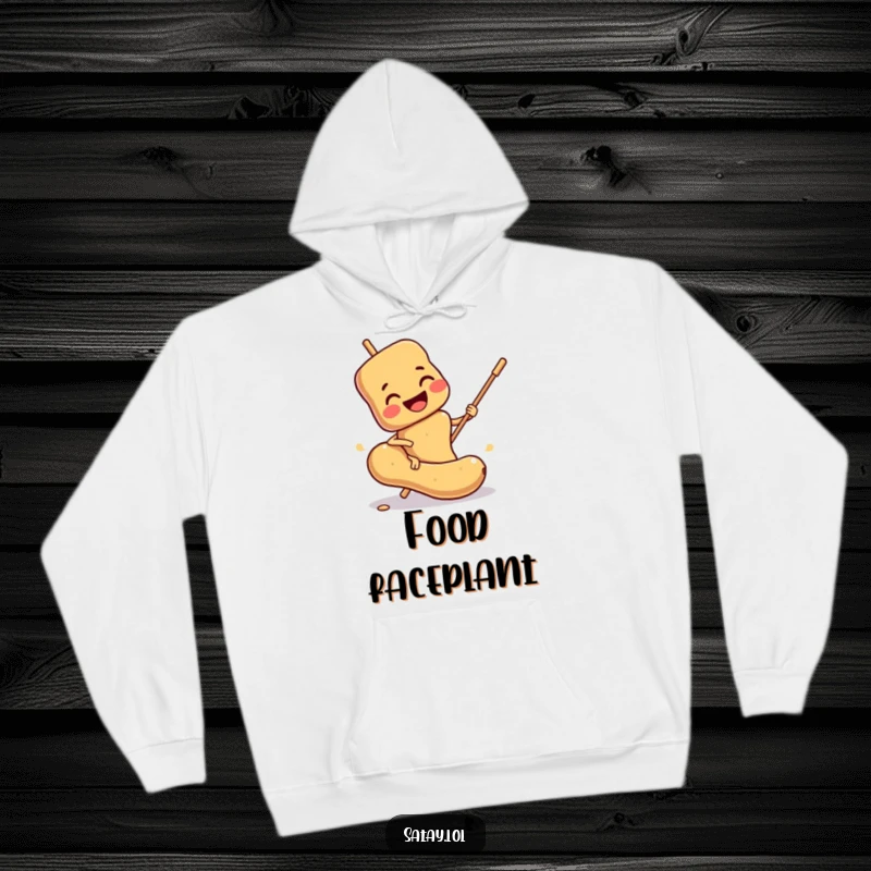 Funny Satay Skewer Hoodie: A smiling skewer comically slips on a peanut, perfect for cozy, funny foodie vibes.