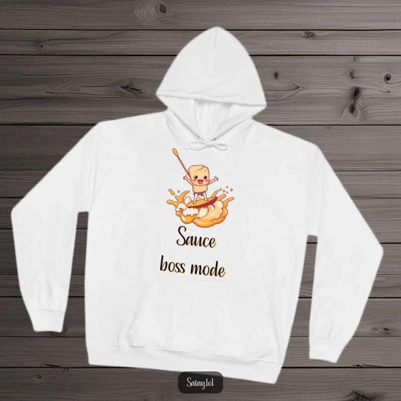 Funny satay skewer character surfing an epic peanut sauce wave, depicted on a soft and humorous hoodie.