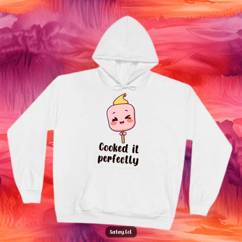 Funny Satay Skewer Hoodie with a character winking playfully after a successful flip, offering cozy confidence.