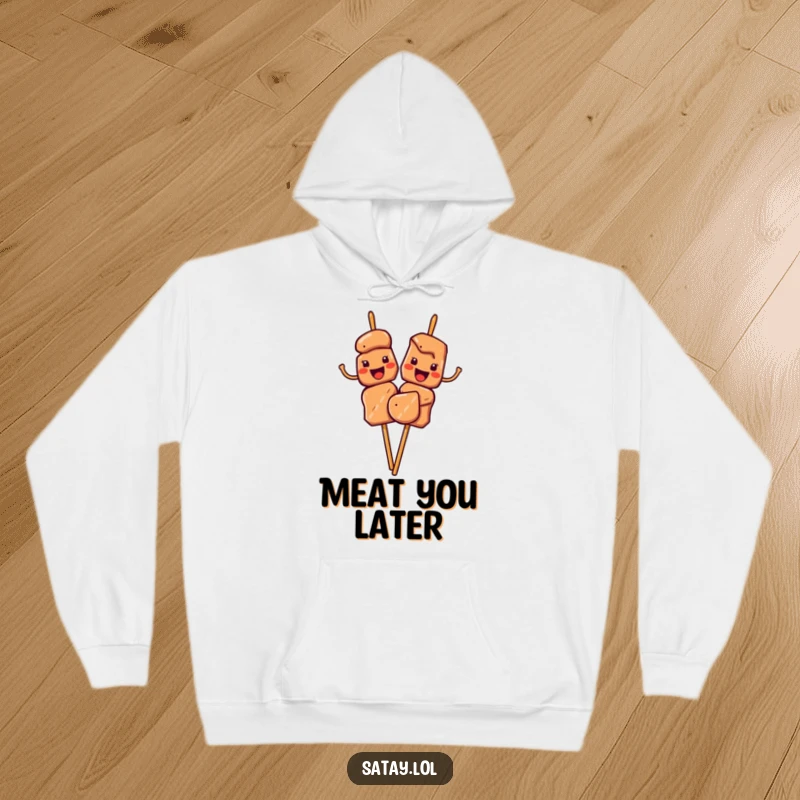 Funny Satay Skewers Hoodie with characters waving their meat pieces cheerfully, symbolizing friendly warmth and comfort.