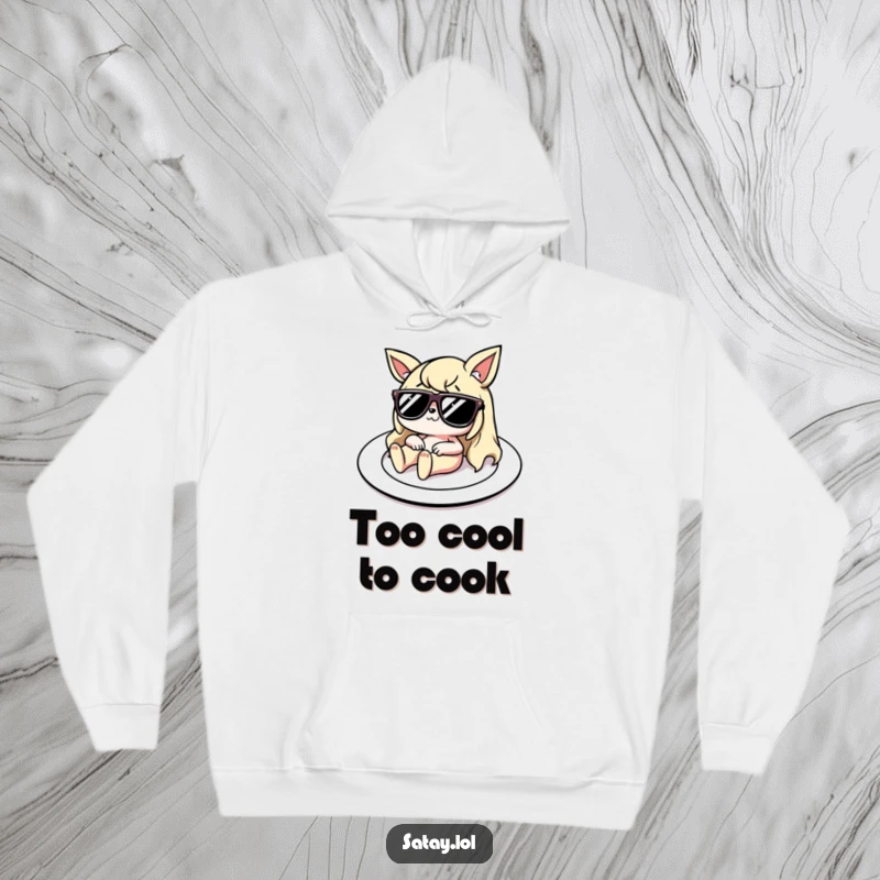 Funny Hoodie: A satay character wearing tiny sunglasses lounges on a plate, exuding a relaxed and humorous vacation vibe, perfect for cozying up.