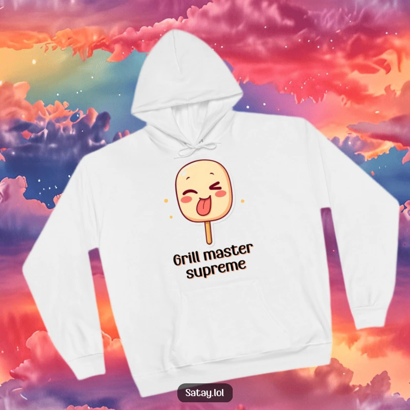 Funny hoodie depicting a winking satay skewer character sticking its char-marked tongue out, ideal for cozy, humorous wear.