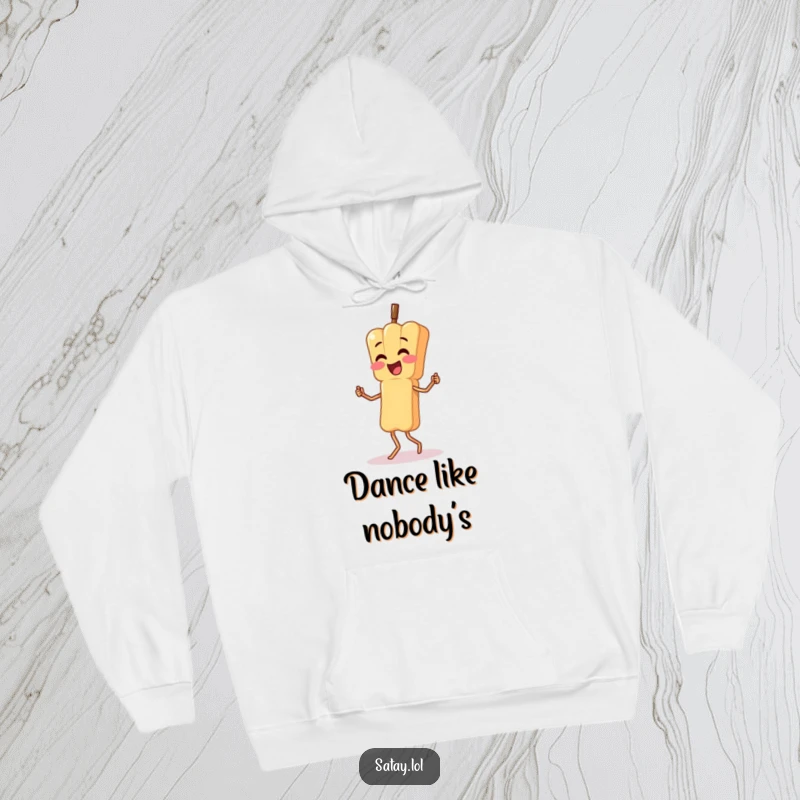 Funny hoodie with a satay skewer character performing a silly, wobbly dance; cozy and full of playful energy.