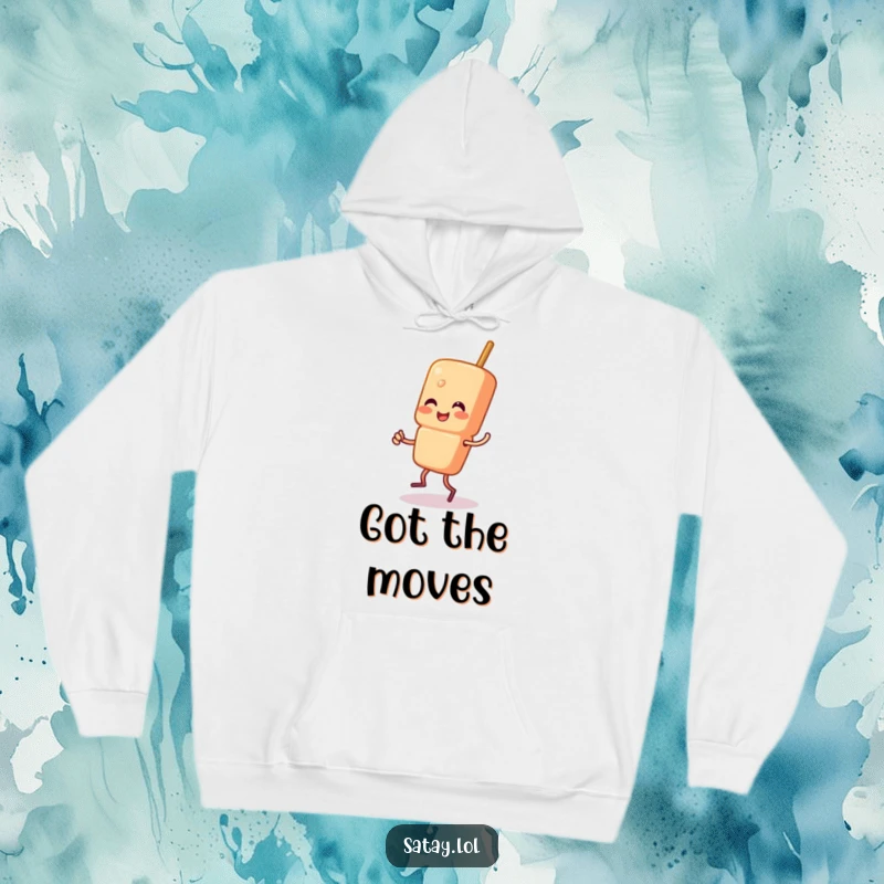 Funny Satay Skewer Hoodie depicting a skewer character happily doing a little jig, perfect for cozying up or dancing the night away.