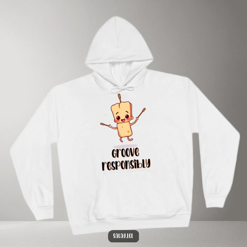 Funny satay skewer character hoodie, performing a clumsy dance with floppy skewers, perfect for cozying up and chuckling.