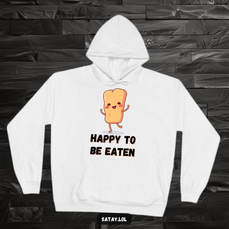Funny hoodie featuring a satay skewer with small legs kicking up in a happy dance, perfect for foodies who love comfort and humor.