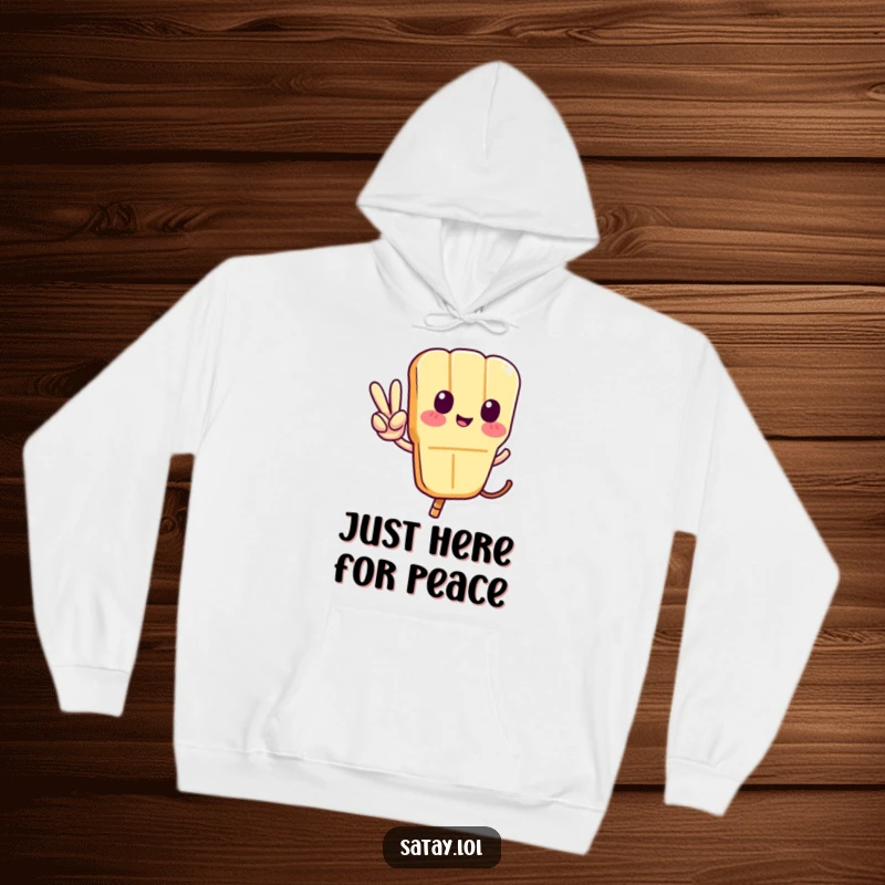 Funny Satay Skewer Hoodie showing a skewer character forming a peace sign with its tail, perfect for cozying up with a smile.