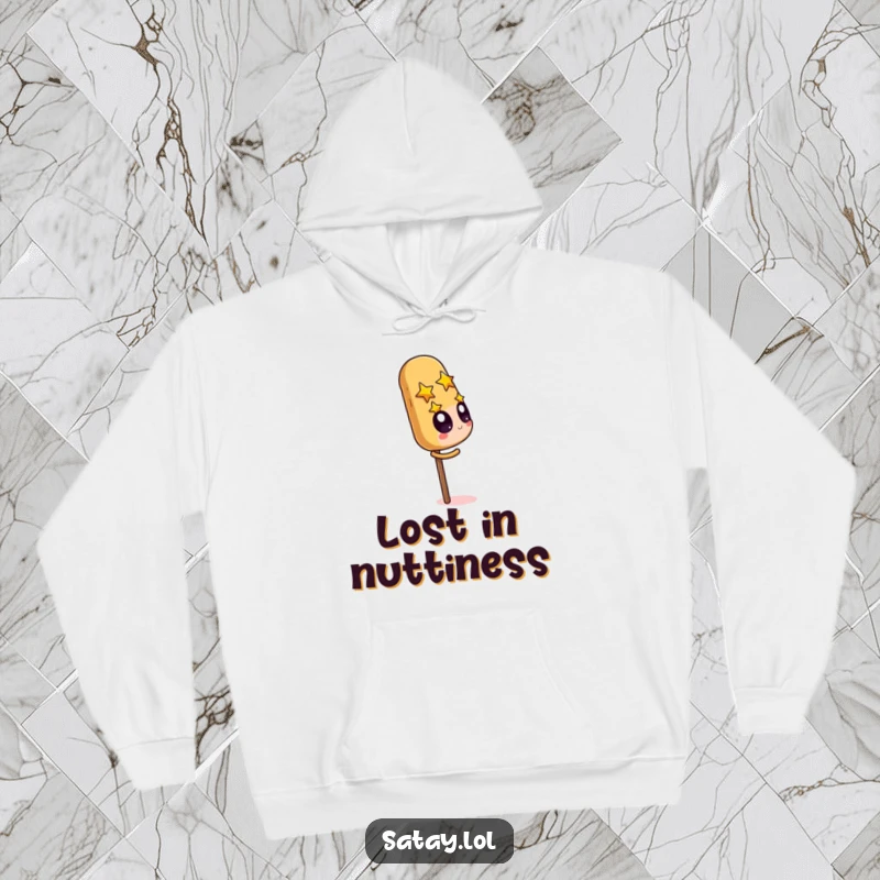 Funny Satay Skewer Hoodie with a character starry-eyed over a giant peanut, perfect for cozy, humorous lounging.