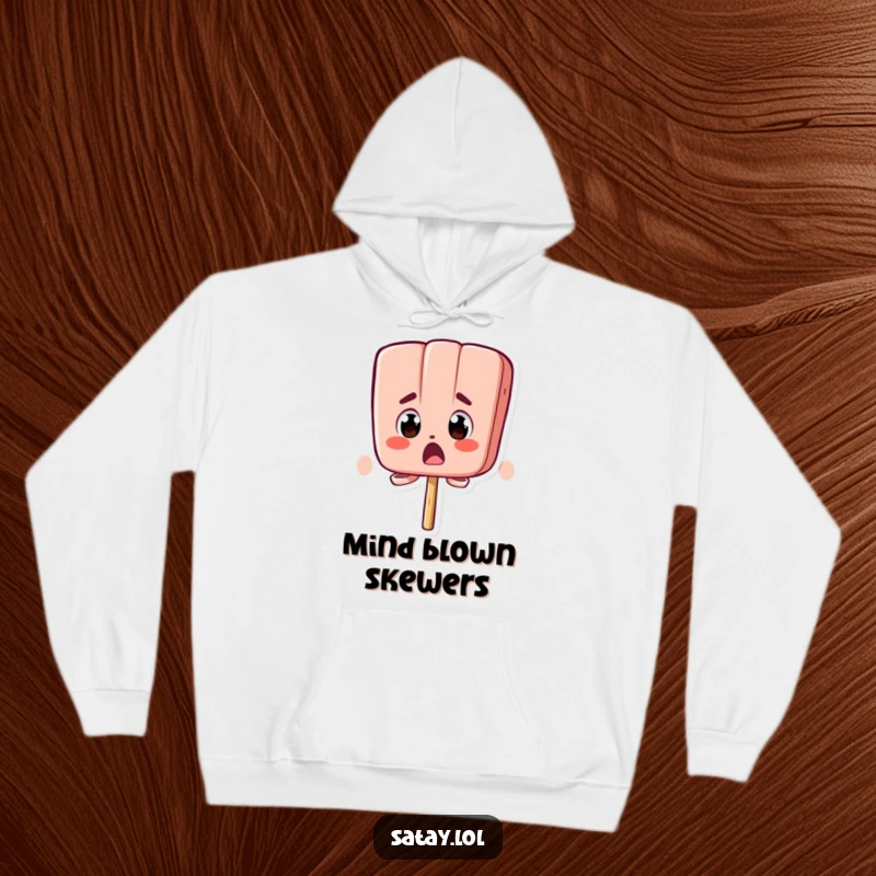 Funny cozy hoodie with a satay skewer character showing extreme surprise with bugging-out eyes.