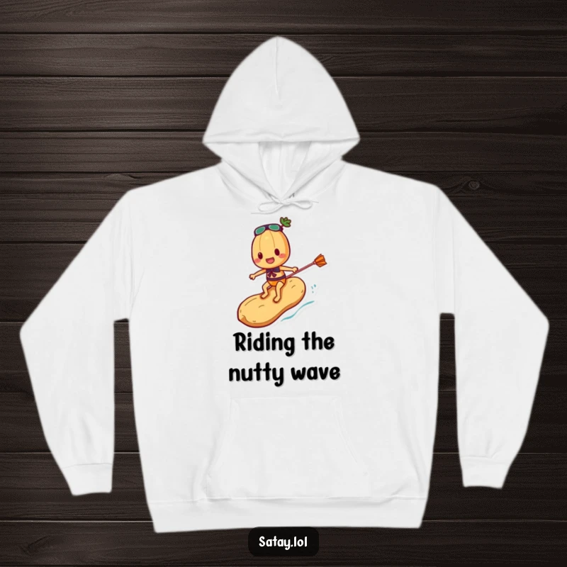 Funny Satay Skewer Hoodie depicting a skewer character masterfully surfing on a peanut, ready for any extreme sport challenge.