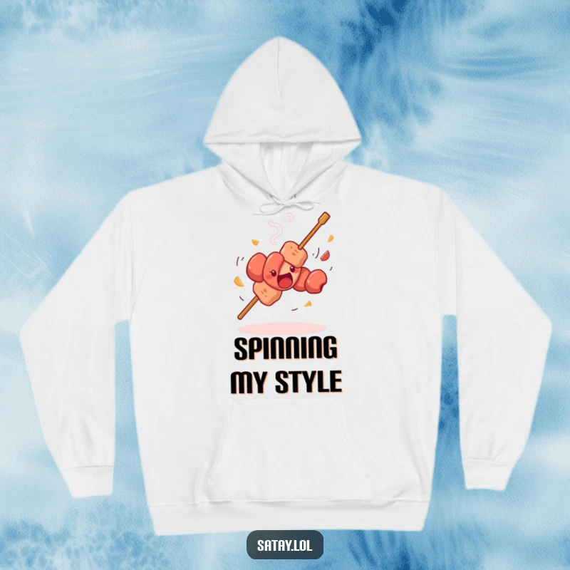 Funny satay skewer dancing hoodie, a skewer doing a silly spin with meat pieces whirling, warm and humorous apparel.