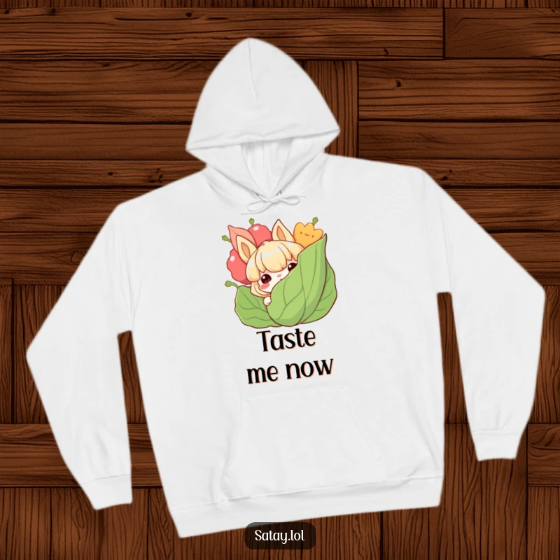 Funny satay hoodie featuring a grinning satay character peeking from behind a large, leafy garnish for cozy wear.