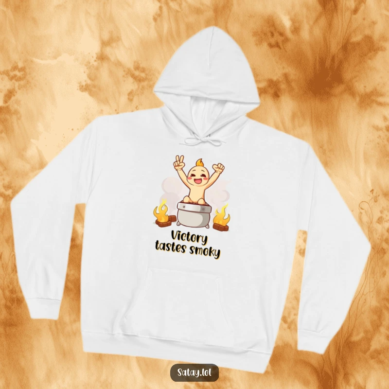 Funny hoodie depicting a satay character striking a victorious pose on a smoky grill illustration.