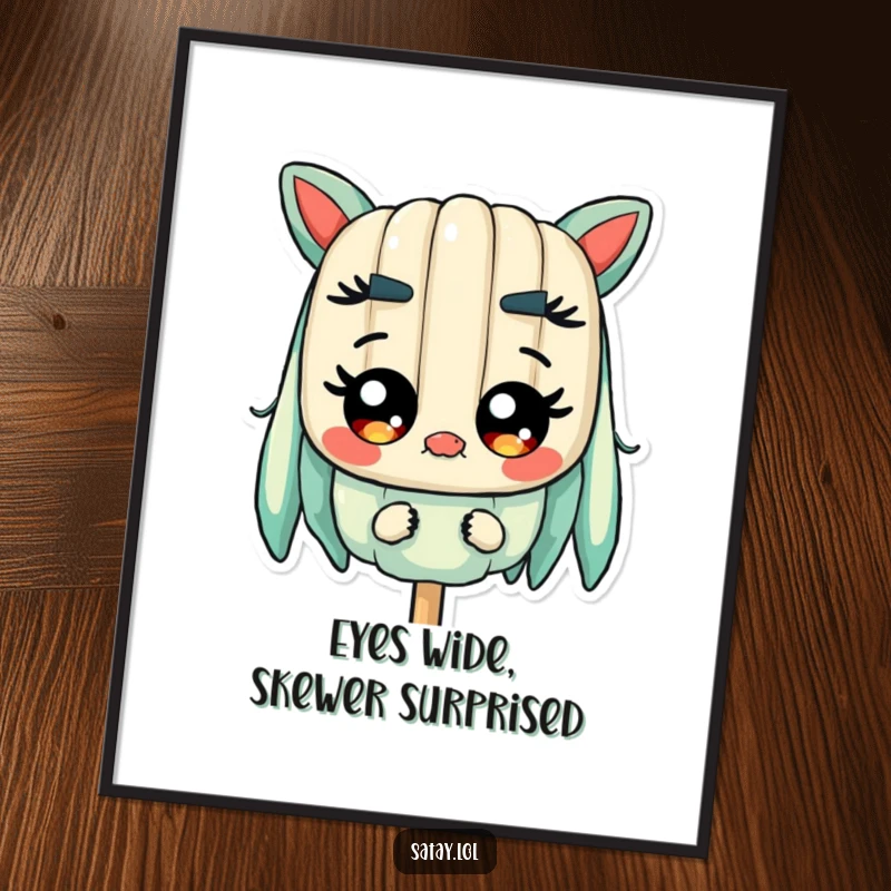 Funny Free Printable Wall Art: A satay skewer character staring with comically wide, shiny, surprised eyes.