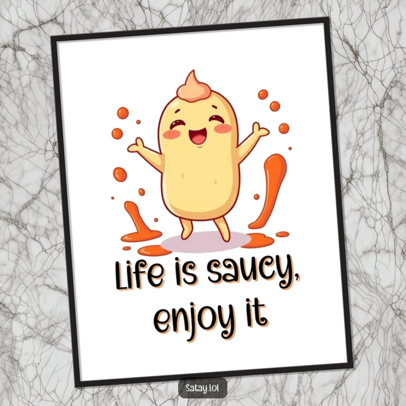 Funny Free Printable Wall Art: A happy satay character dancing with sauce splatters, bringing lively energy.