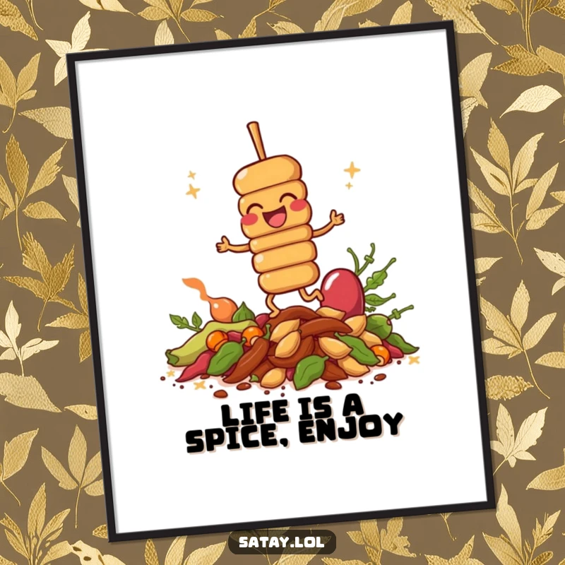 Funny Free Printable Wall Art: A cartoon satay skewer giggling uncontrollably while hopping enthusiastically on a vibrant pile of spices.