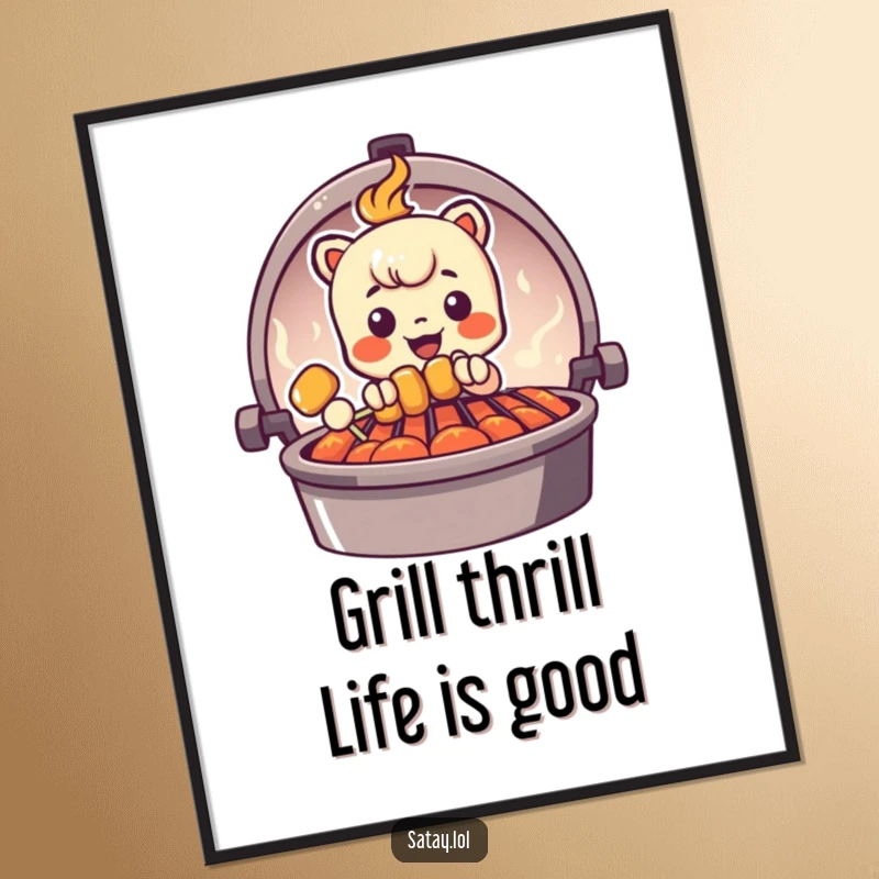 Funny Free Printable Wall Art featuring a satay skewer character peeking from behind a grill graphic, ready to cook up some style.