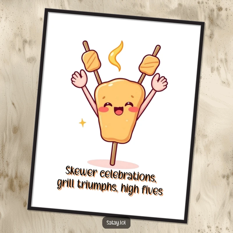 Funny Free Printable Wall Art: A celebrating satay skewer with arms in the air, quirky downloadable decor.