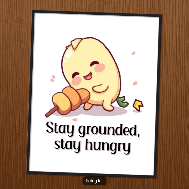 Funny Free Printable Wall Art depicting a satay skewer character comically tripping over its own stick, a humorous piece of downloadable art.