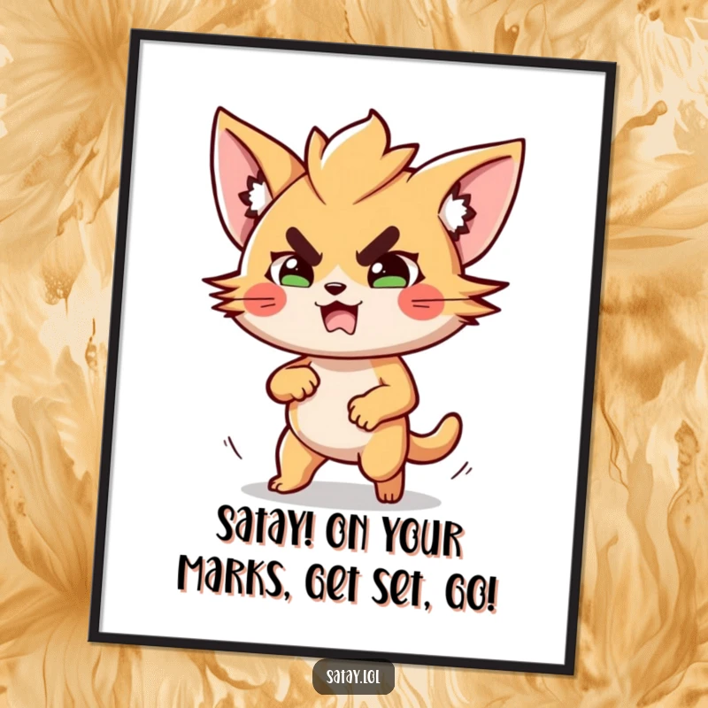 Funny free printable wall art of a determined satay skewer making a fast dash, perfect for kitchen decor.