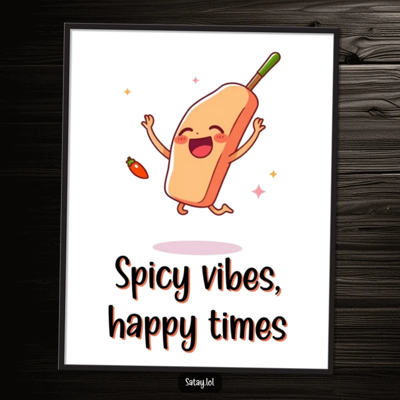 Funny Free Printable Wall Art: A satay skewer jumps with pure joy as a tiny, waving chili pepper joins the celebration.