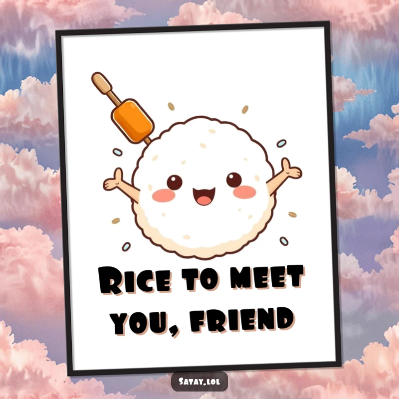 Funny Free Printable Wall Art: A satay skewer with outstretched arms gives a fluffy rice ball a warm embrace, symbolizing friendship and joy.