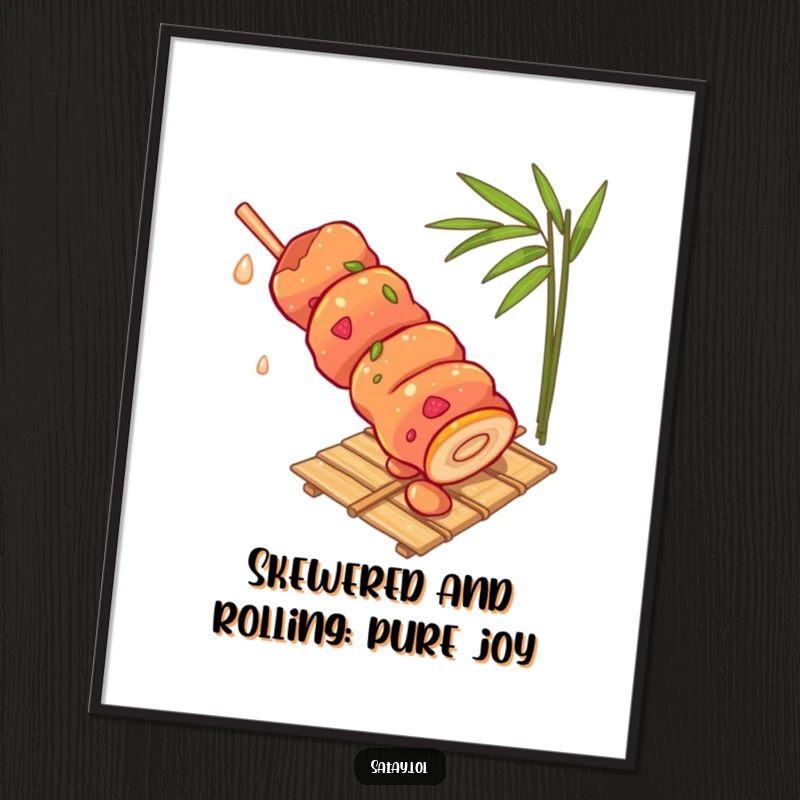 Funny Free Printable Wall Art: A dynamic satay skewer in mid-roll down a bamboo mat, creating a humorous scene.