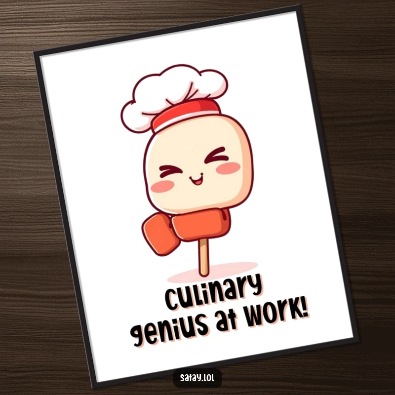 Funny Free Printable Wall Art: A satay skewer wearing a chef hat gives a confident wink, exuding culinary charm.