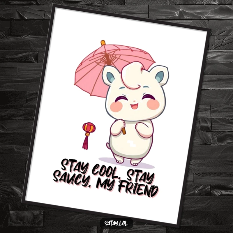 Funny Free Printable Wall Art: A delighted satay character winks mischievously while holding a tiny ornamental umbrella.