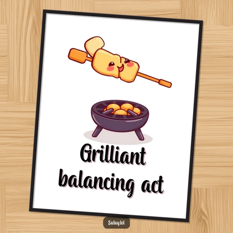 Funny Free Printable Wall Art: A smiling satay skewer performs a daring balancing act on a miniature grill, adding humor to any room.
