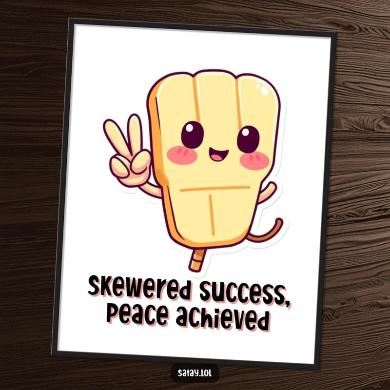 Funny Free Printable Wall Art: A satay skewer character confidently giving a peace sign with its tail.