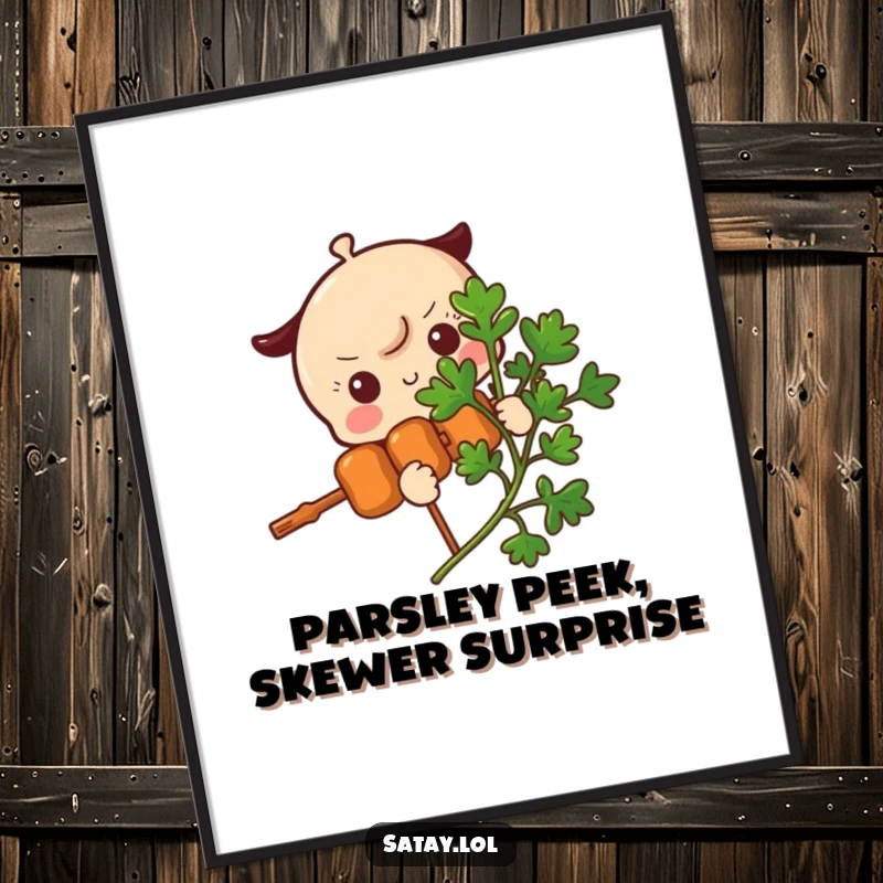 Funny Free Printable Wall Art: A satay skewer character playfully peeking around a decorative parsley sprig.