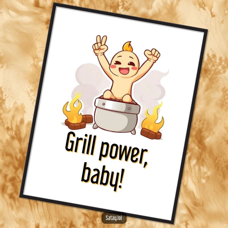 Funny Free Printable Satay Wall Art: A satay skewer striking a triumphant pose atop a smoky grill graphic, ready to impress.