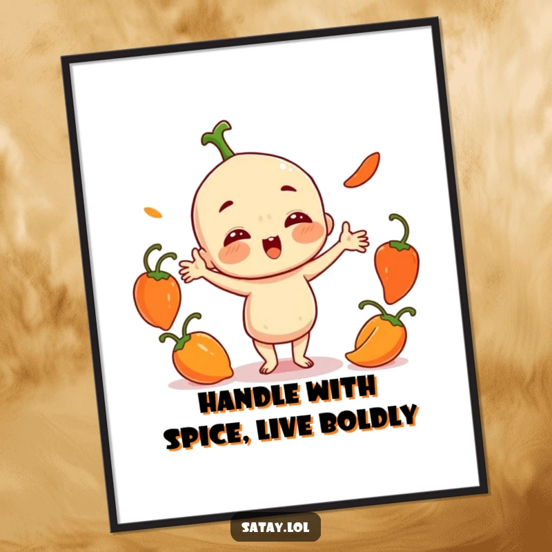 Funny Free Printable Wall Art: A satay character playfully juggles three small, round chili peppers with fiery skill.