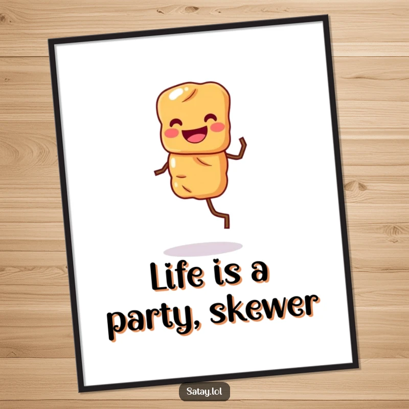 Funny Free Printable Wall Art featuring a grinning satay skewer with legs doing a joyful jig, adding a playful and energetic vibe to any room.
