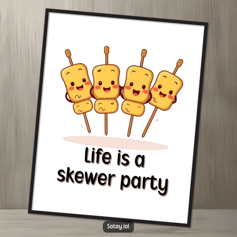Funny Free Printable Wall Art: Satay skewers gleefully doing a synchronized jig, radiating pure happiness.