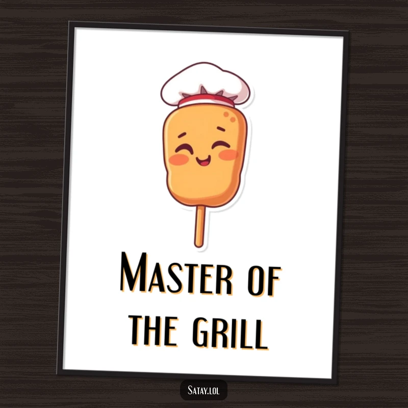 Funny Free Printable Wall Art depicting a satay skewer character wearing a tiny chef hat and winking, adding a touch of culinary humor to decor.