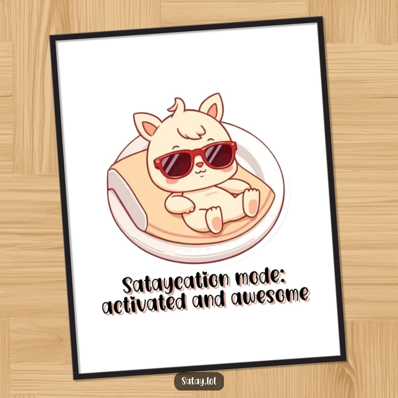 Funny Free Printable Satay Wall Art: Chill satay character in sunglasses relaxing on a plate, perfect for a laugh.