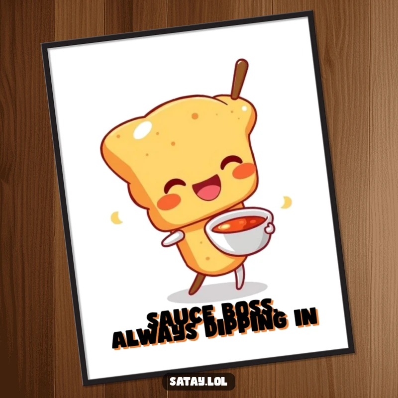 Funny Free Printable Wall Art: A cheerful satay skewer character wiggles happily, holding a small bowl of sauce, ready to delight.