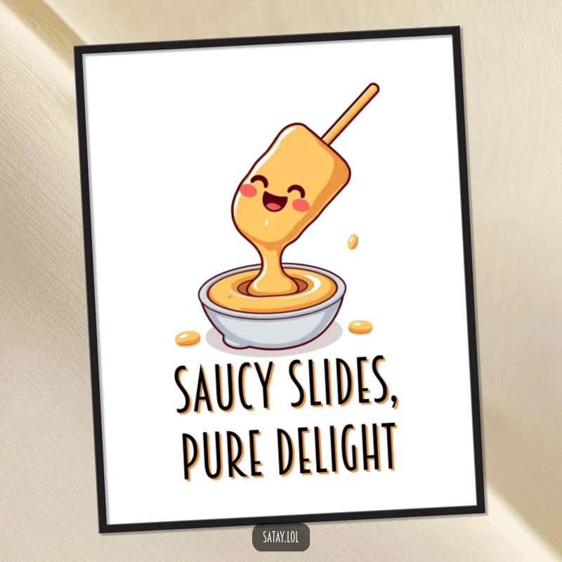 Funny Free Printable Wall Art: A happy satay skewer gleefully slides down a swirl of peanut sauce, adding playful charm to your decor.
